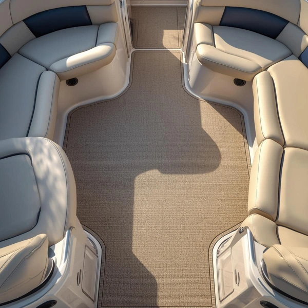 Beige basketweave polyester marine carpet on a luxury pontoon boat deck.