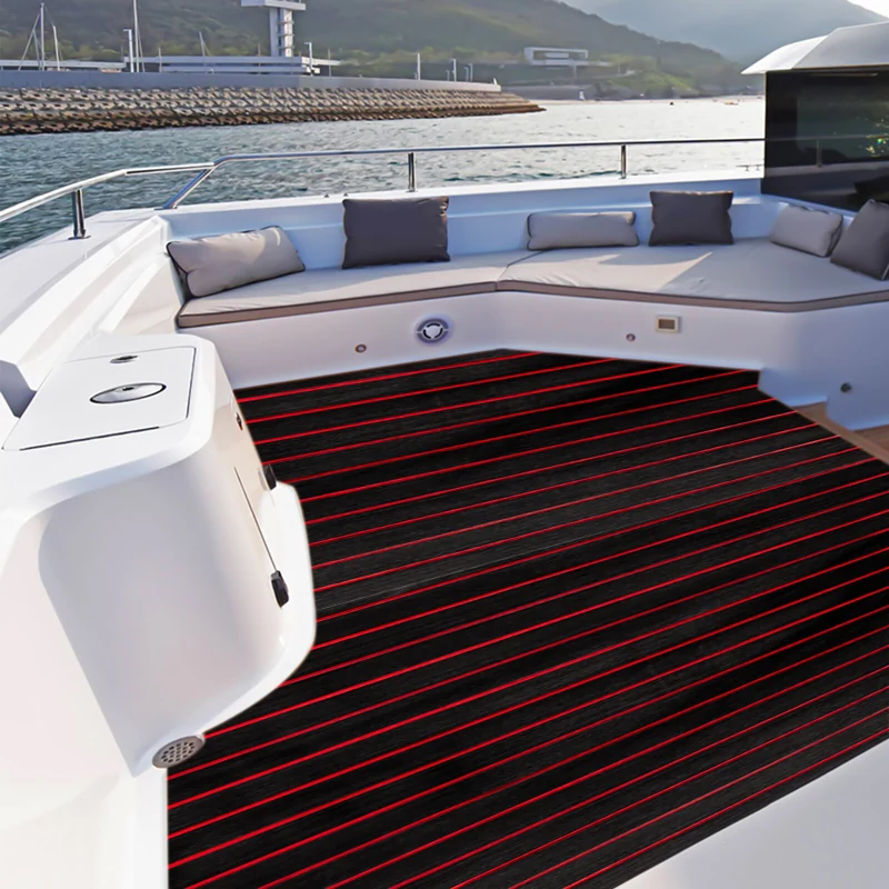 Black boat decking with bright red pinstripes