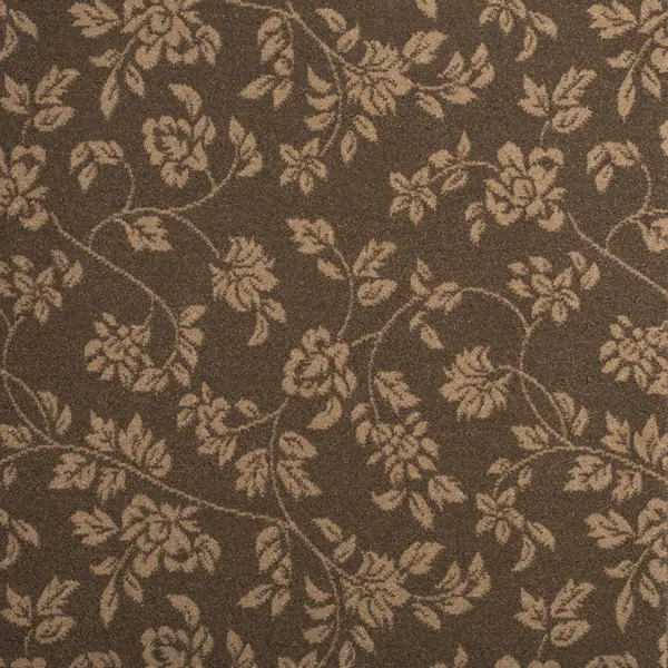 Dark brown floral marine carpet with a tan vine and leaf pattern.