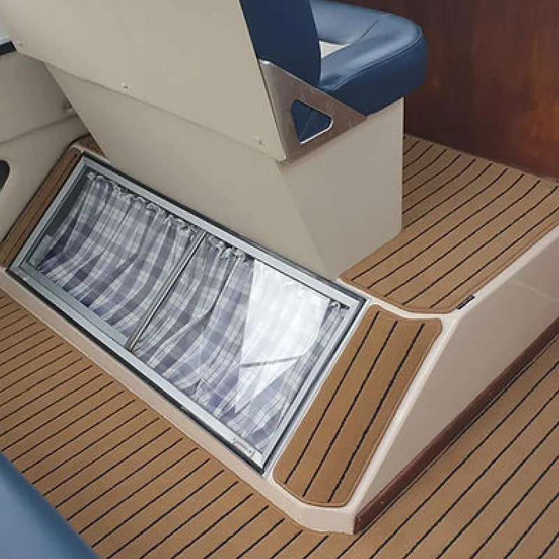 Faux-teak boat flooring with brown strips and black caulking