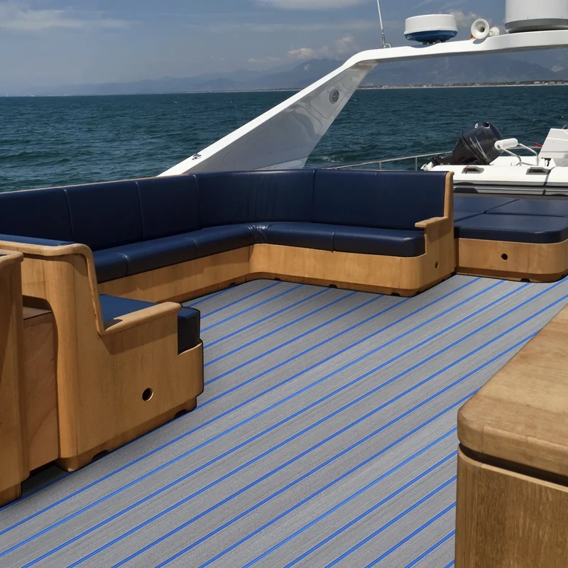 Grey and blue striped marine decking on a yacht