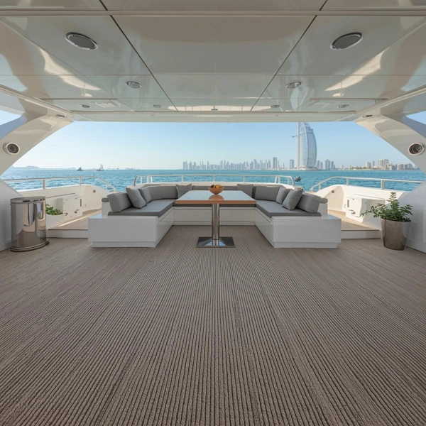 Grey ribbed loop pile marine carpet on a luxury yacht deck with a city view.