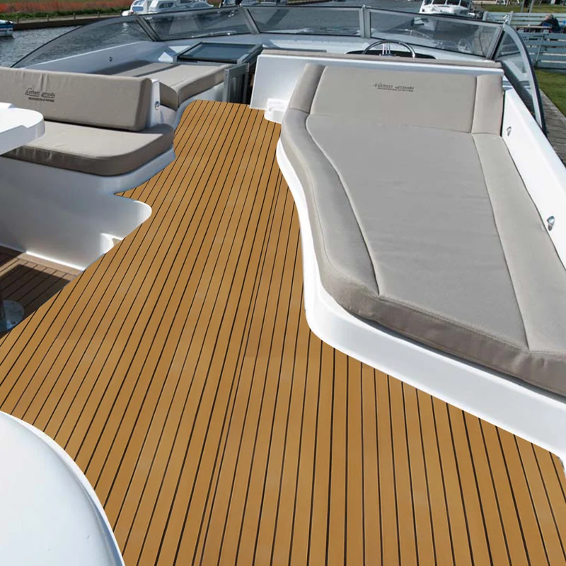 Light brown synthetic teak on a motorboat deck