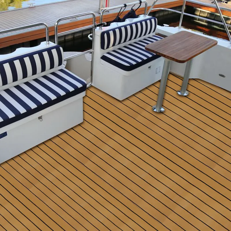 Teak-style boat flooring near deck seating
