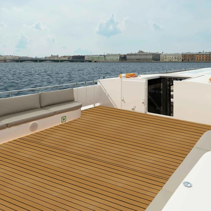 Wide view of faux teak decking on a large boat